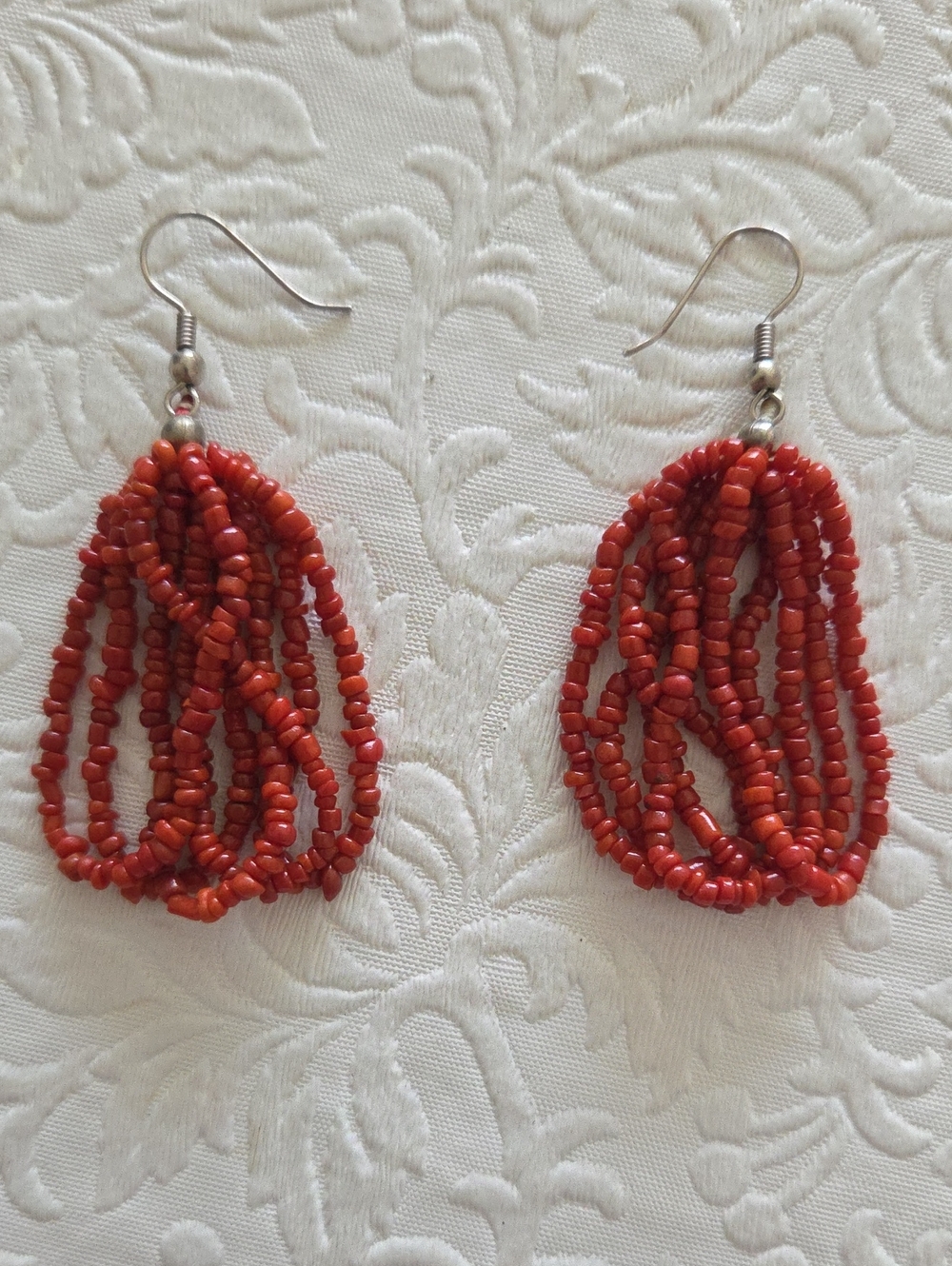 Red Coral Multi-Strand Beaded Drop Earrings
